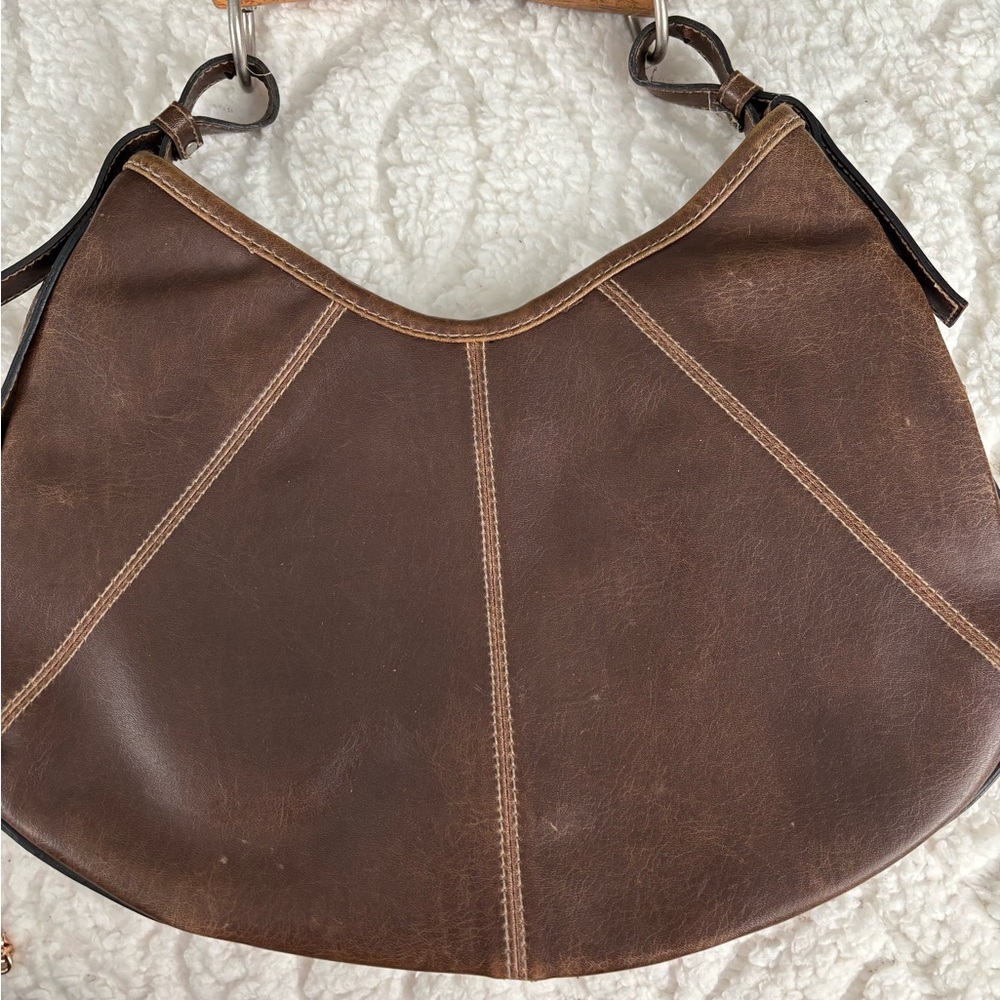 Brown Mini Bag with Crescent Shape and Geometric Stitching